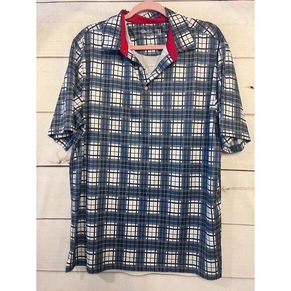 Walter Hogan Men's Golf Polo Size Large Red Trim Blue White Striped Print EUC - Picture 1 of 4